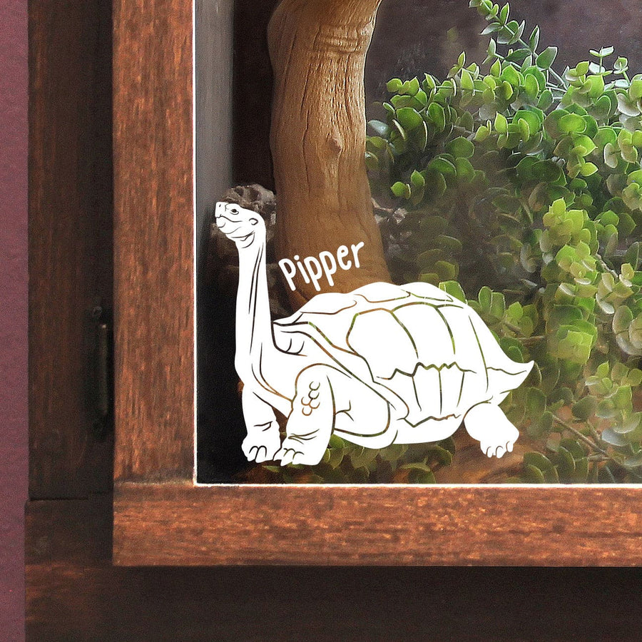 Decorative turtle decal with 'Pipper' on a glass surface with wooden frame and greenery.