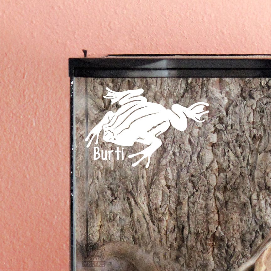 Photo depicts a white vinyl decal sticking on the top corner of a glass vertical enclosure. The decal design shows a Surinam Toad, it's strong adhesive making it a permanent fixture to it's surface, highlighting the brilliant matte white color and smooth finish of the material.