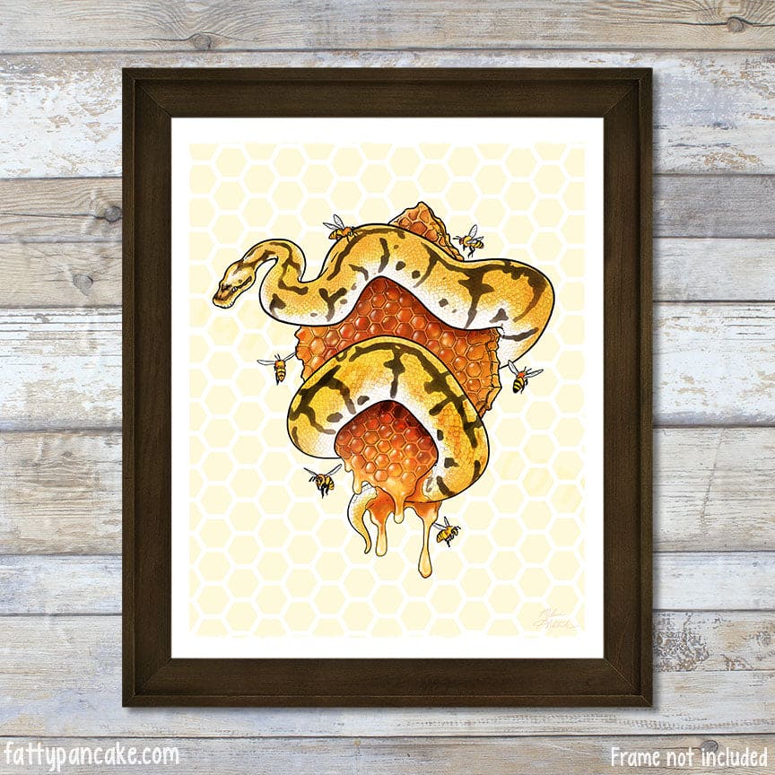Bumblebee Ball Python with Honeycomb Art Print - Snake Gift Wall Décor