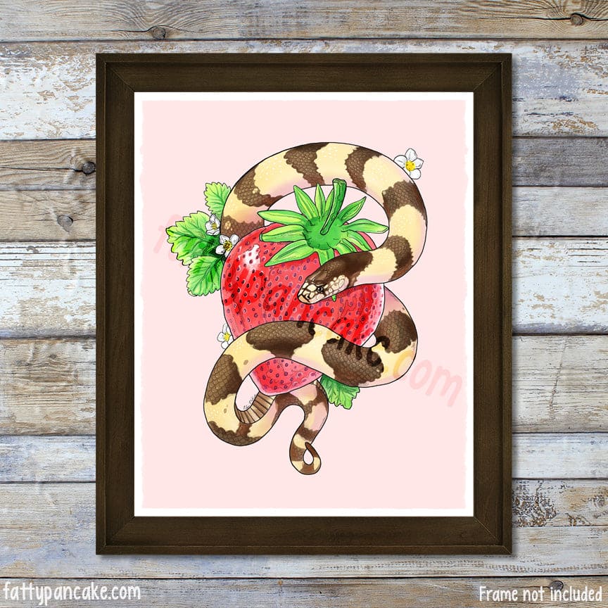 Kingsnake with Strawberry Art Print, Colorful Cute Snake Wall Art, Giclée Archival Wall Décor