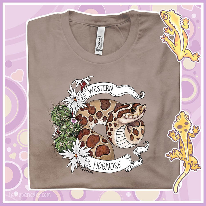 Image shows a close up of a pebble brown crew neck tee with a western hognose graphic framed with cactus and white flowers and a banner that has the text, "Western Hognose" on it.