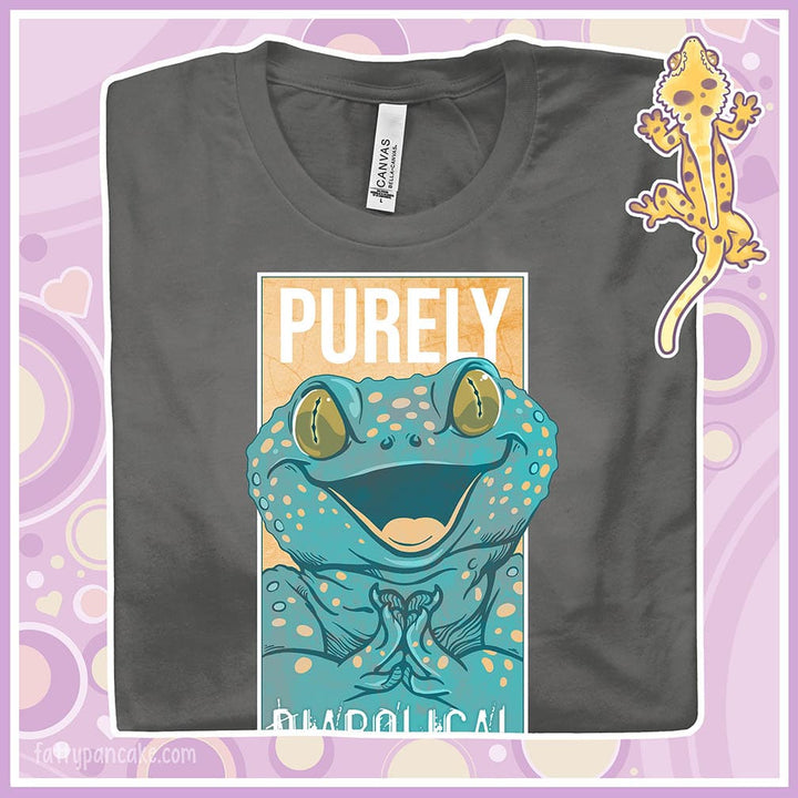 A folded asphalt grey colored crew neck tee with a large mischievous looking Tokay Gecko smiling and pressing it's feet together. The text Purely Diabolical is split above and below the gecko art.