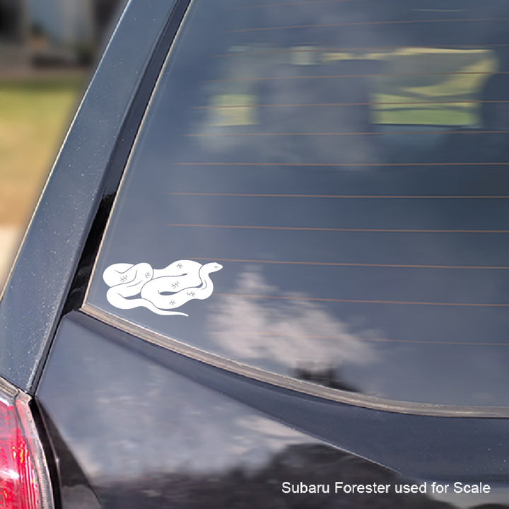 Image depicts a white Black Racer snake vinyl decal applied to a car window to show scale.