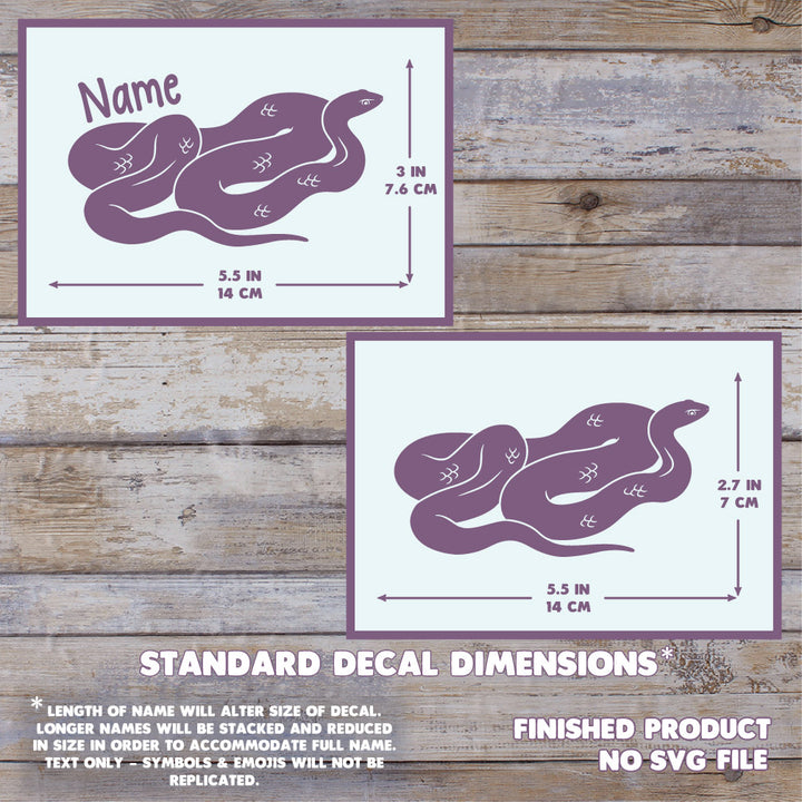An image showing two images showing the dimensions of a Black Racer Snake vinyl decal. Maximum size is 5.5 x 3 Inches (width x height). Extra text states this is a final product, these are the standard decal dimensions, and no SVG file will be provided.