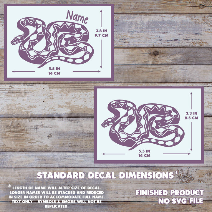 A digital graphic showing two snake-shaped name decals with dimension labels on a rustic wood background. The top decal reads &