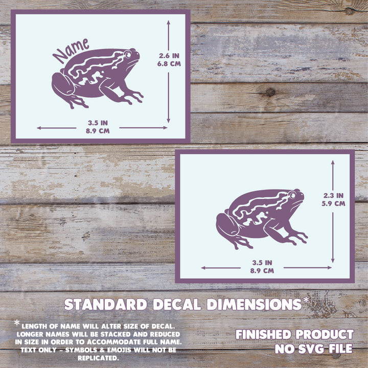 A digital graphic showing two frog-shaped decal size examples on a rustic wood background. The max size for the named decal is 3.5 inches wide and 2.6 inches tall.