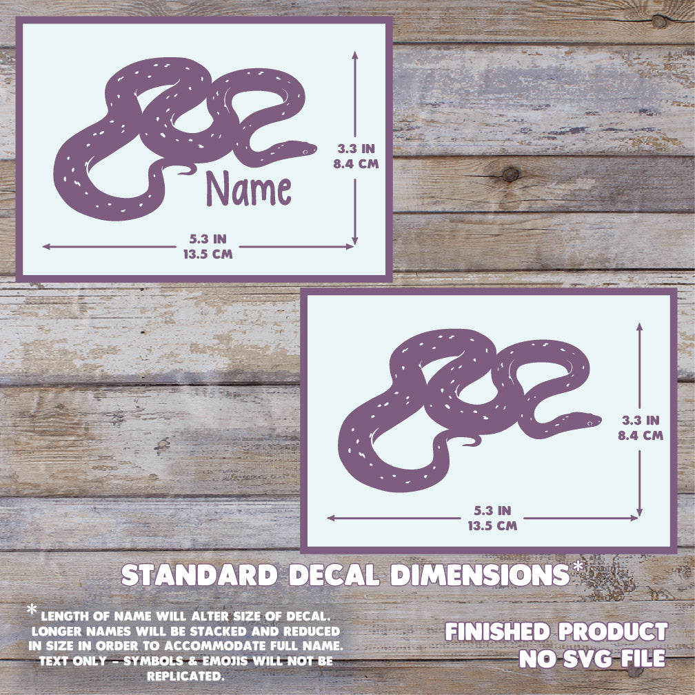 The image depicts 2 Palmetto Corn Snake decals with their dimensions on a wooden background. Text states this is a finished product and the dimensions are standard size. Max dimension size with name is 3.3 inches tall by 5.3 Inches wide.