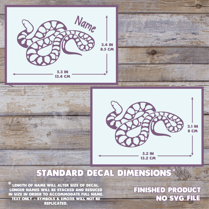 An image showing two images showing the dimensions of a Desert Kingsnake vinyl decal. Maximum size is 5.3 x 3.4 Inches (width x height). Extra text states this is a final product, these are the standard decal dimensions, and no SVG file will be provided.