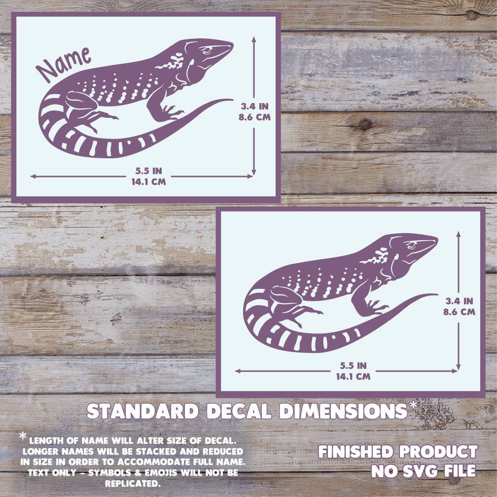 A product information graphic showing two Dusky Giant Ameiva decals with printed dimensions and text reading &