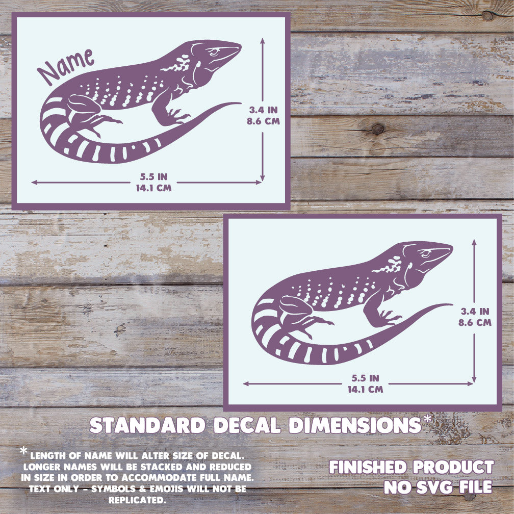A product information graphic showing two Dusky Giant Ameiva decals with printed dimensions and text reading 'Standard Decal Dimensions' and 'Finished Product No SVG File,' set over a rustic wood plank background. The max size is 3.4 inches (h) x 5.5 inches (w).