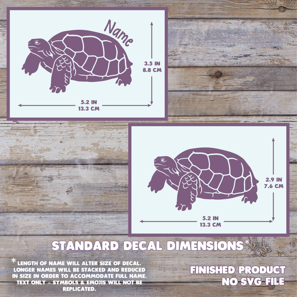 An image showing two images showing the dimensions of a Gopher Tortoise vinyl decal. Maximum size is 5.2 x 3.5 Inches (width x height). Extra text states this is a final product, these are the standard decal dimensions, and no SVG file will be provided.