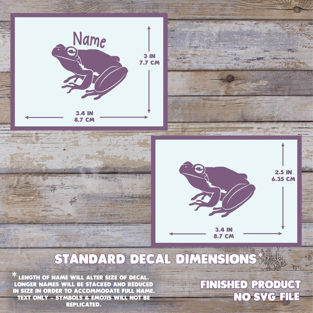 A digital graphic showing two frog-shaped decal size examples on a rustic wood background. The top decal has a lavender frog and the word 'Name' with dimensions of 3 inches tall by 3.4 inches wide.
