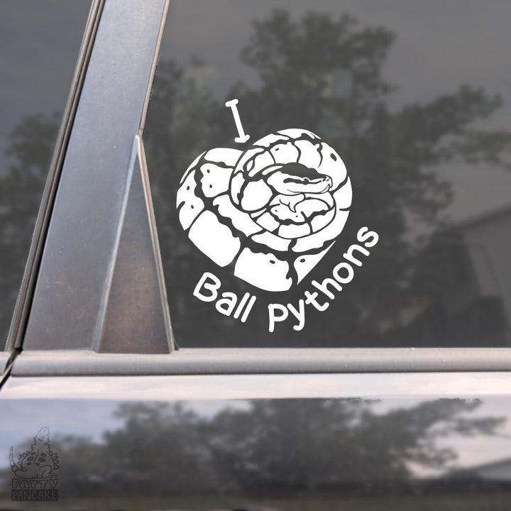 White vinyl decal of a coiled snake with the text "I love my Ball Pythons". The ball pythons body is coiled to be a heart in between the text "I" and "Ball Pythons".