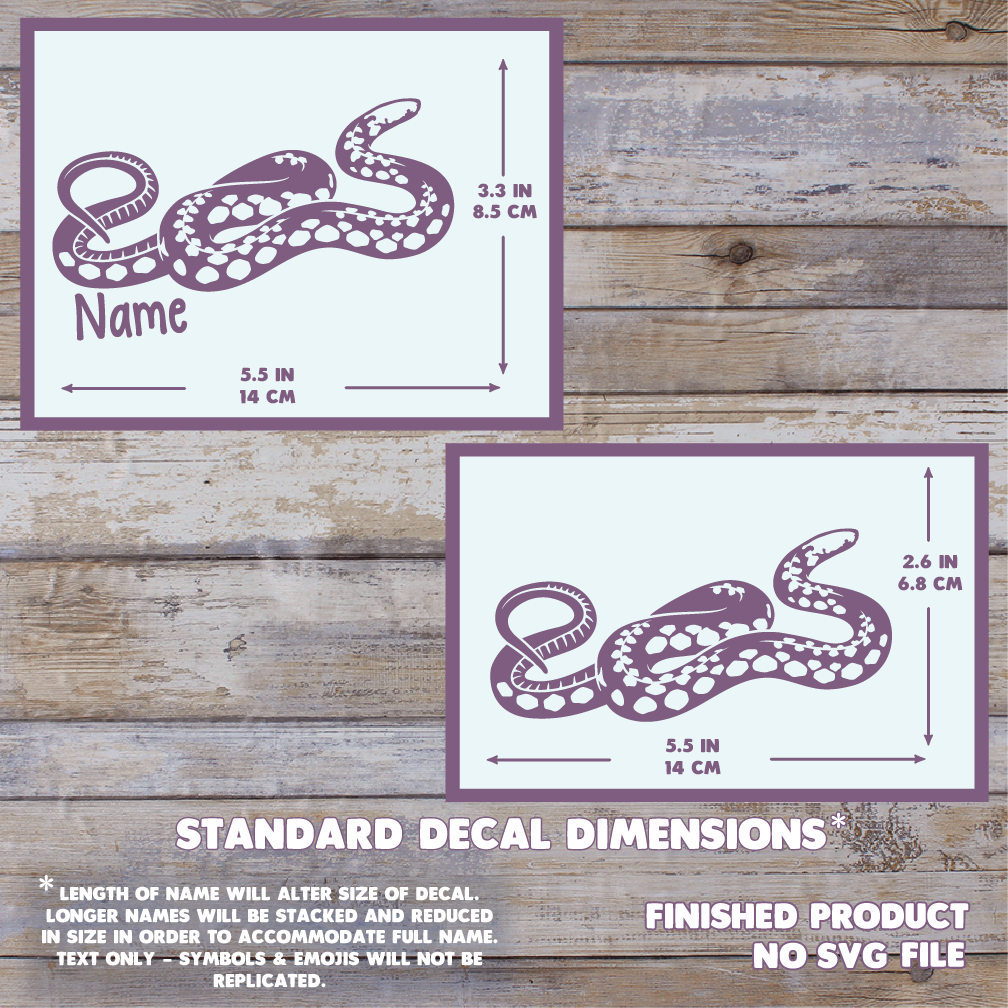 A product dimension diagram showing two square custom snake decals on a rustic wood background. The top decal measurements are 5.5 inches wide and 3.3 inches tall.