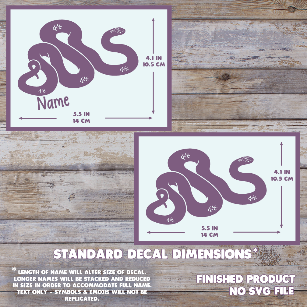 A product information graphic showing two examples of a purple colored Mexican Black Snake name decal with dimension labels. The top example includes the word &