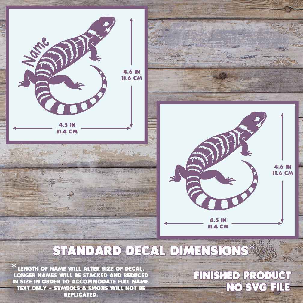 The image depicts 2 Pink Tongue Skink decals with their dimensions on a wooden background. Text states this is a finished product and the dimensions are standard size. Dimensions are 4.6 inches tall by 4.5 Inches wide.