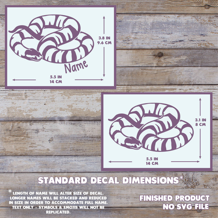 A product information graphic showing two puffed-faced water snake decals with printed dimensions and text reading &