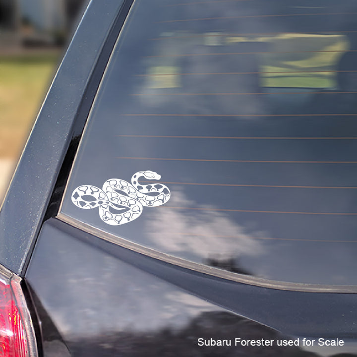 A white vinyl decal of the Dwarf Reticulated Python with a bold pattern in the scales, applied to the rear window of a dark car. The text &