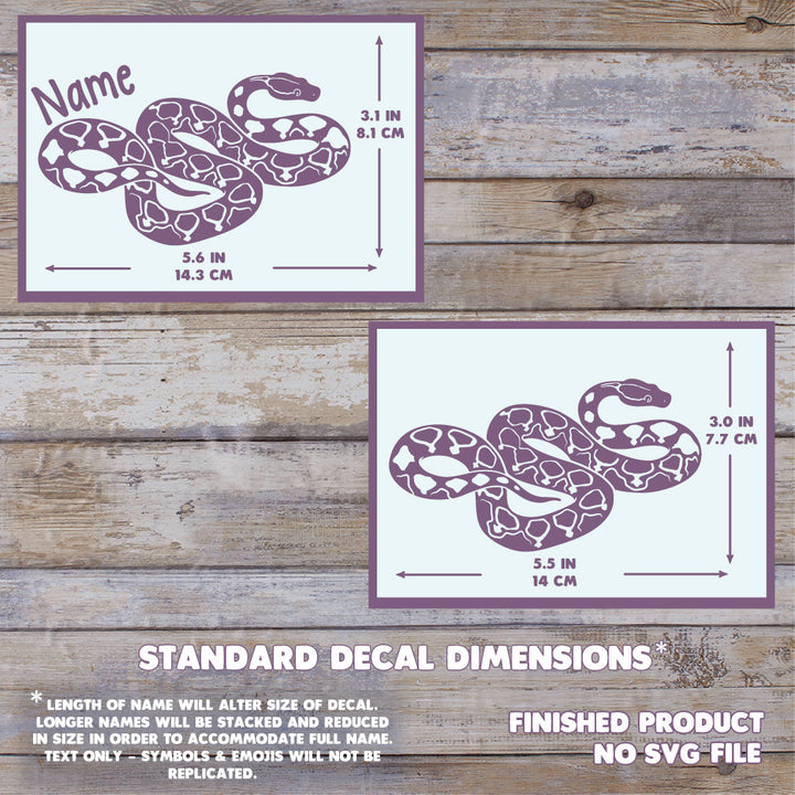A product image depicting the size of the dwarf reticulated python decals. The max size is 5.6 inches wide and 3.1 inches tall.