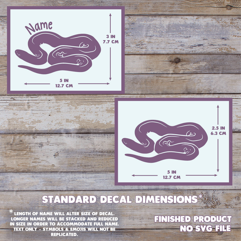 A product dimension graphic showing two square decal designs with snake illustrations and measurement arrows. The top decal includes a placeholder name, and the bottom decal is plain. The max size measures 5 inches wide and 3 inches tall.