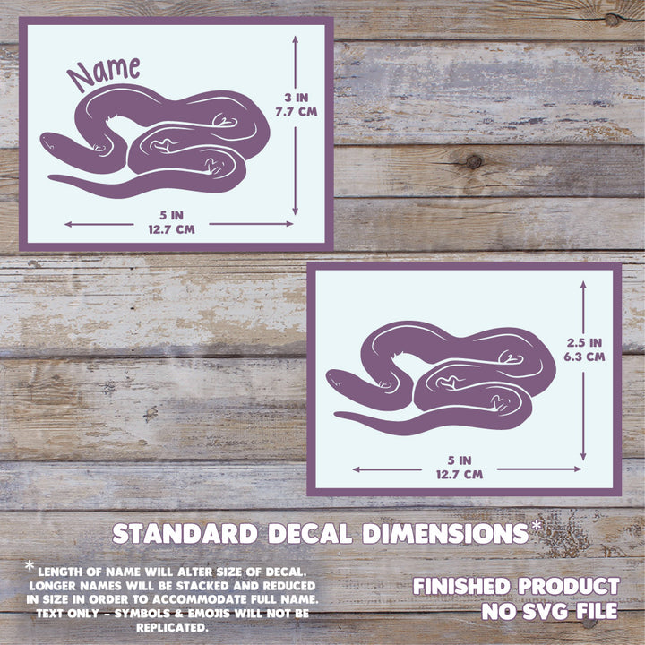 A product dimension graphic showing two square decal designs with snake illustrations and measurement arrows. The top decal includes a placeholder name, and the bottom decal is plain. The max size measures 5 inches wide and 3 inches tall.