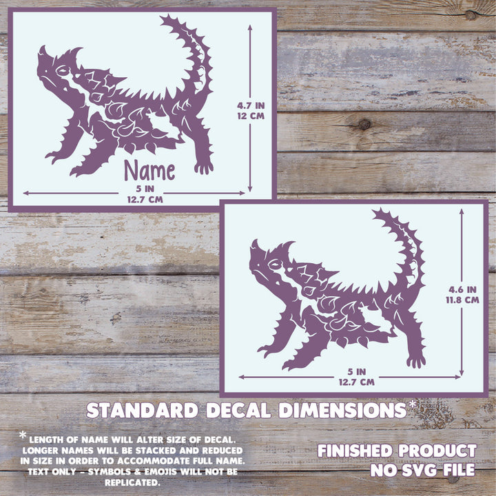 A decal design preview showing a purple lizard silhouette with dimension arrows and text indicating standard decal dimensions. Two versions are shown on a wood plank background, one labeled for a name and one without, with additional text stating finished product no SVG file. Max size is 5 inches long by 4.7 inches tall.