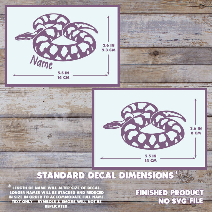 A decal design preview showing a purple snake silhouette with dimension arrows and text indicating standard decal dimensions. Two versions are shown on a wood plank background, one labeled for a name and one without, with additional text stating finished product no SVG file. Max size is 5.5 inches long by 3.6 inches tall.