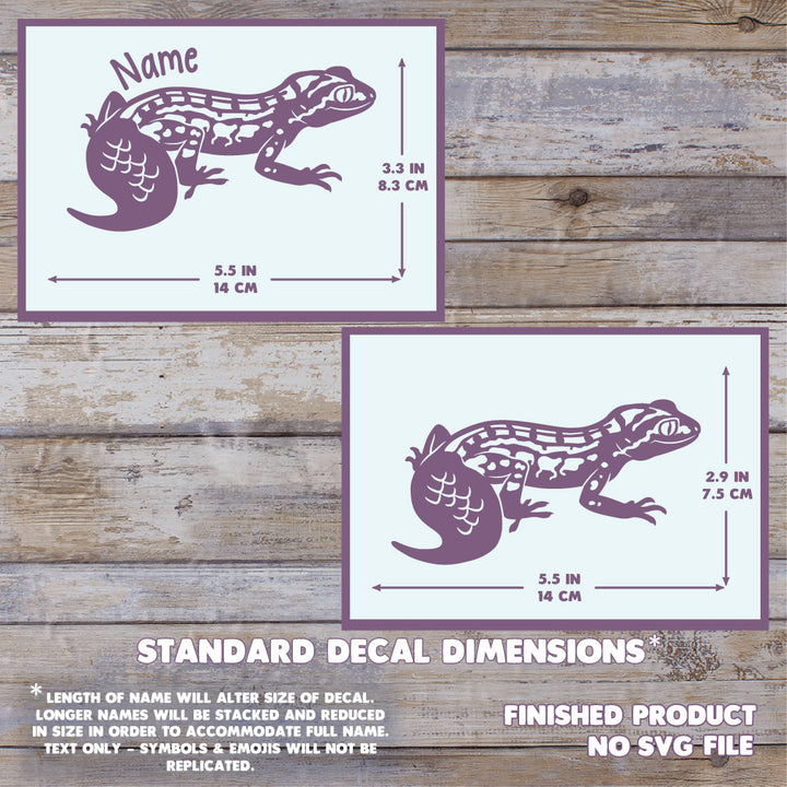 A decal design preview showing a purple lizard silhouette with dimension arrows and text indicating standard decal dimensions. Two versions are shown on a wood plank background, one labeled for a name and one without, with additional text stating finished product no SVG file. Max size is 5.5 inches long by 3.3 inches tall.