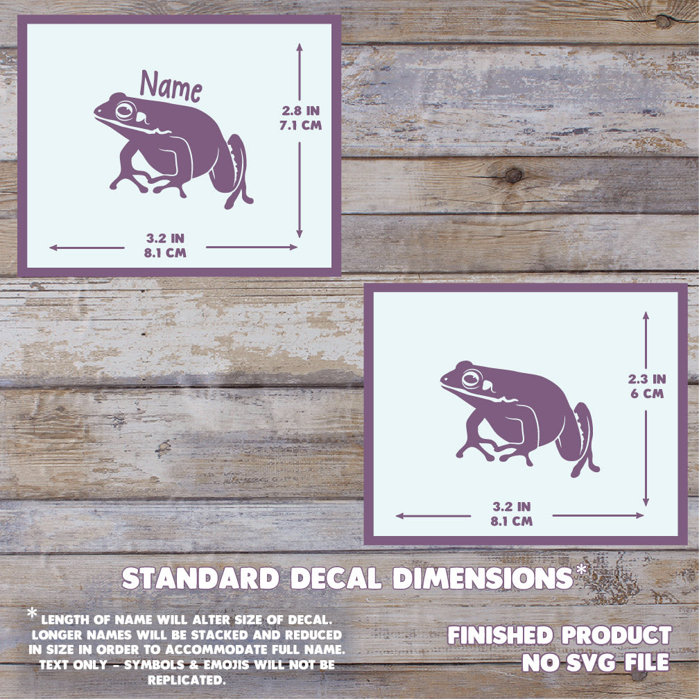 A product information graphic showing two frog-shaped name decals with printed dimensions on a rustic wood background. The max size measurement is 3.2inches wide and 2.8 inches tall.