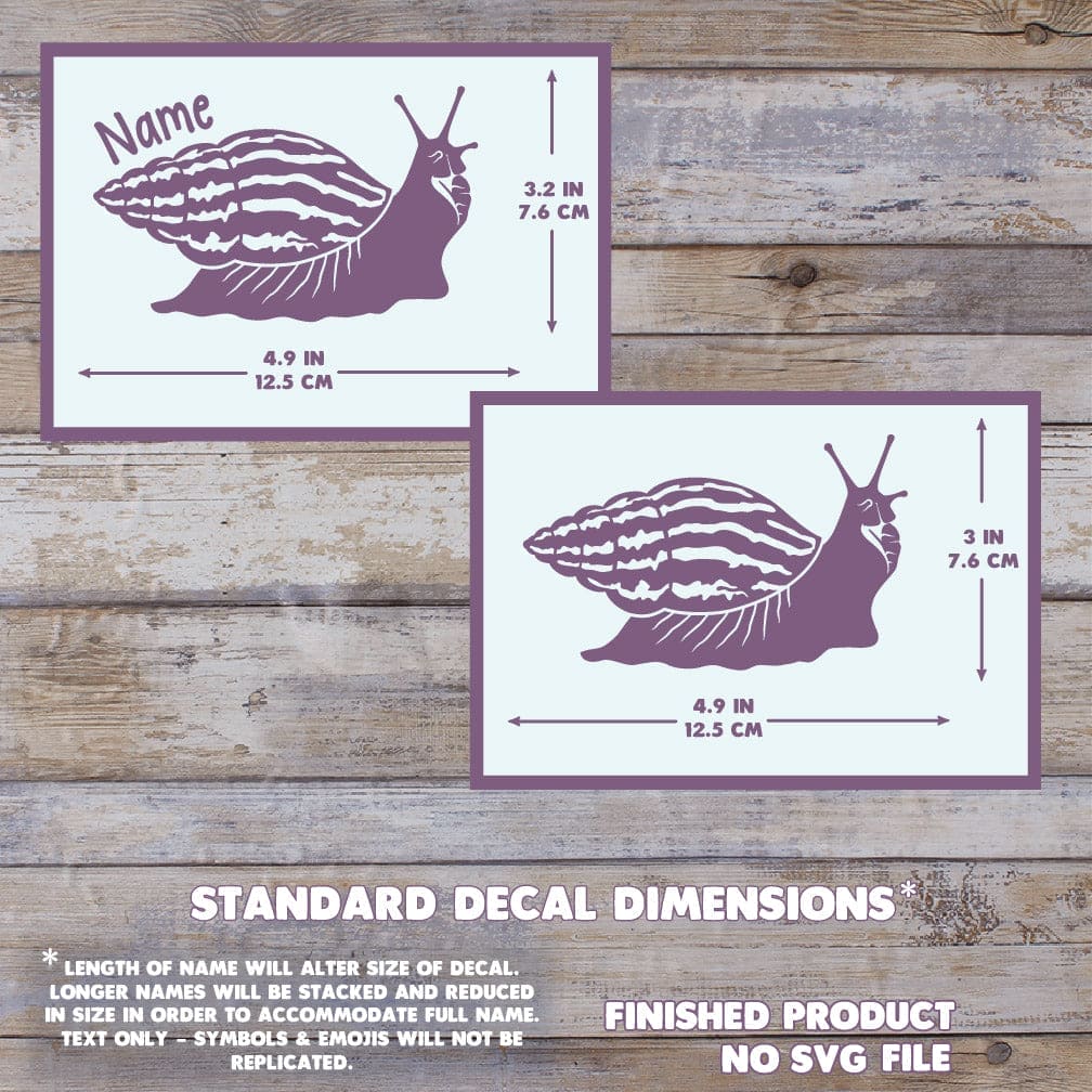 Two purple snail decals with dimensions on a wooden background. Size is 3.2 inches tall and 4.9 Inches wide.