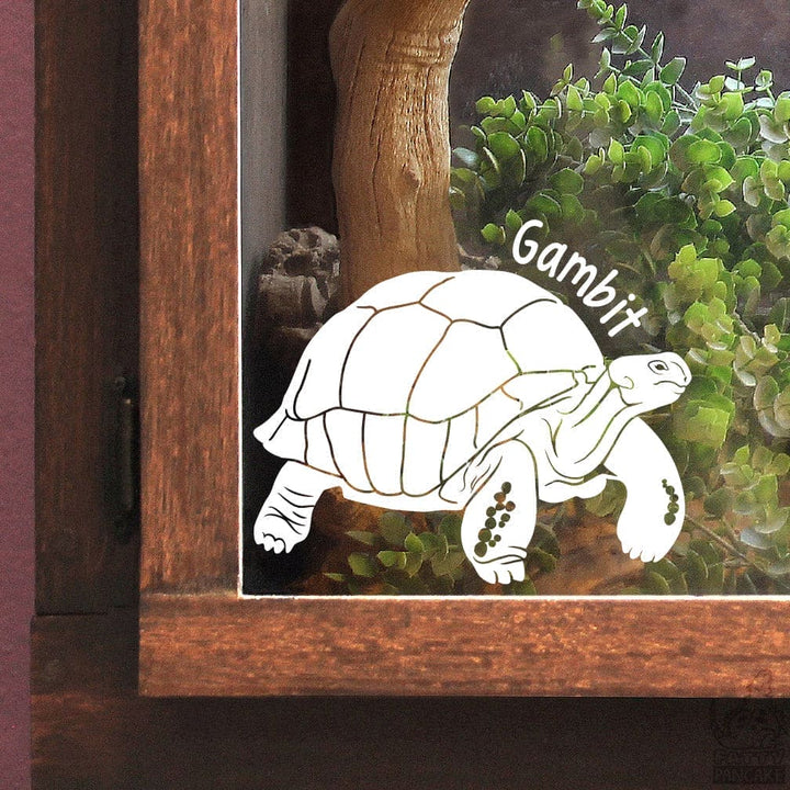 A white Aldabra Tortoise decal with 'Gambit' on a glass surface with plants and wood enclosure frame.