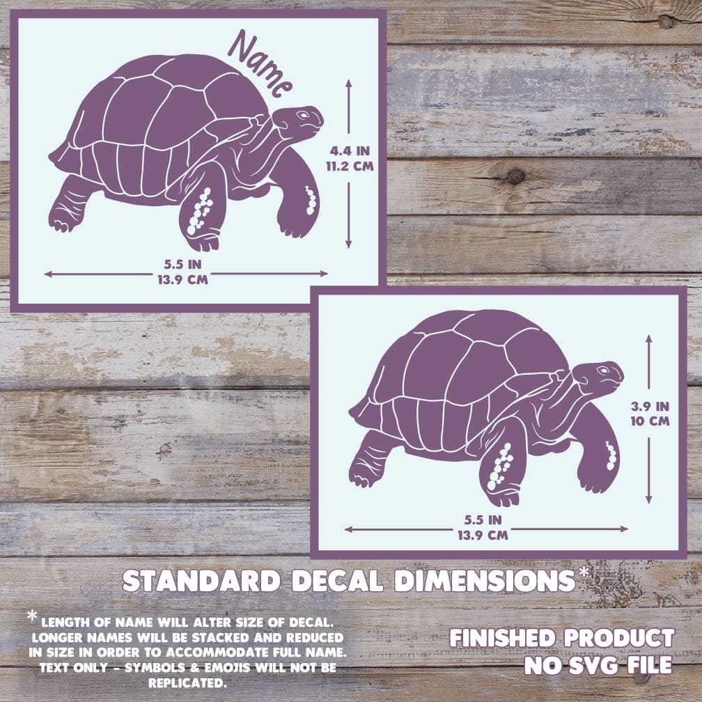 Aldabra Tortoise decal dimensions on a wooden background. Dimensions are 4.4 inches tall by 5.5 Inches wide.