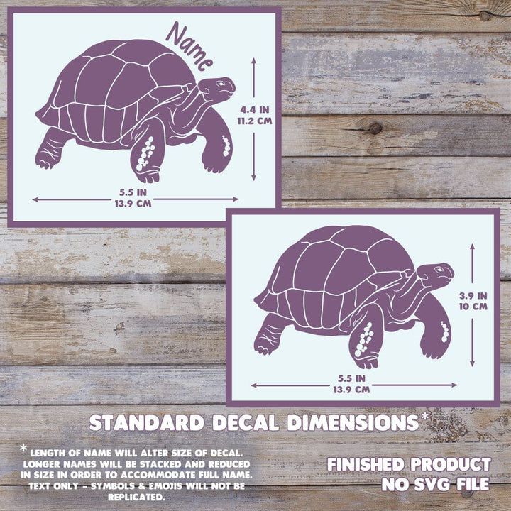 Aldabra Tortoise decal dimensions on a wooden background. Dimensions are 4.4 inches tall by 5.5 Inches wide.