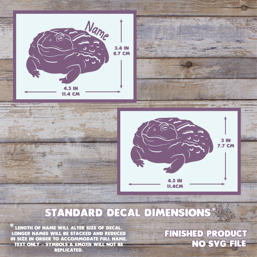 The image depicts 2 Pixie Frog decals with their dimensions on a wooden background. Text states this is a finished product and the dimensions are standard size. Dimensions are 3.4 inches tall by 4.5 Inches wide.
