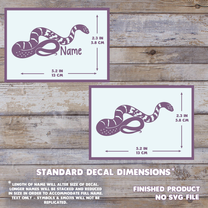 Two images showing the dimensions of the Chinese King Rat Snake Decal. With a name, it measures 2.3" Tall, by 5.2" Wide. Without a name, 2.3" Tall by 5.2" wide. The background has a wooden texture and this is a final product, no digital file is sold.