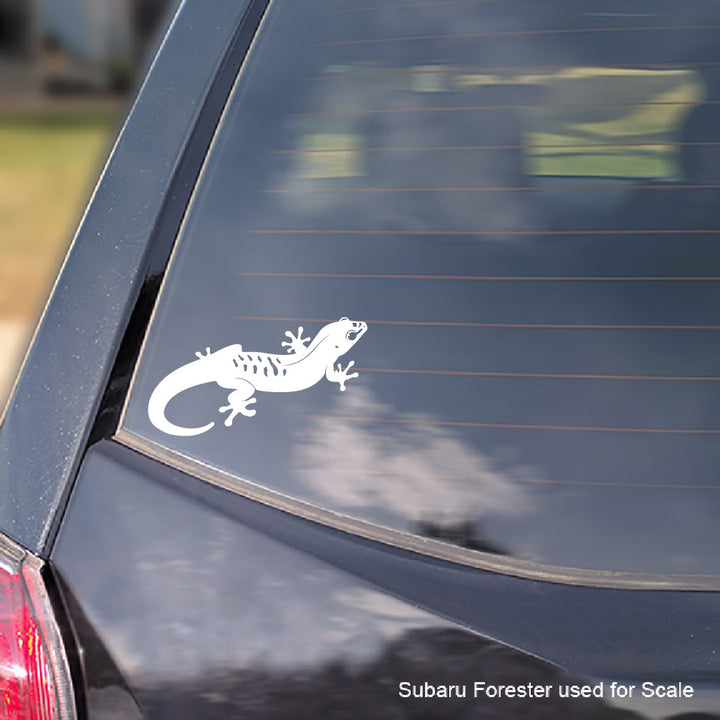 White vinyl decal of a Giant Day Gecko applied to rear of car window.