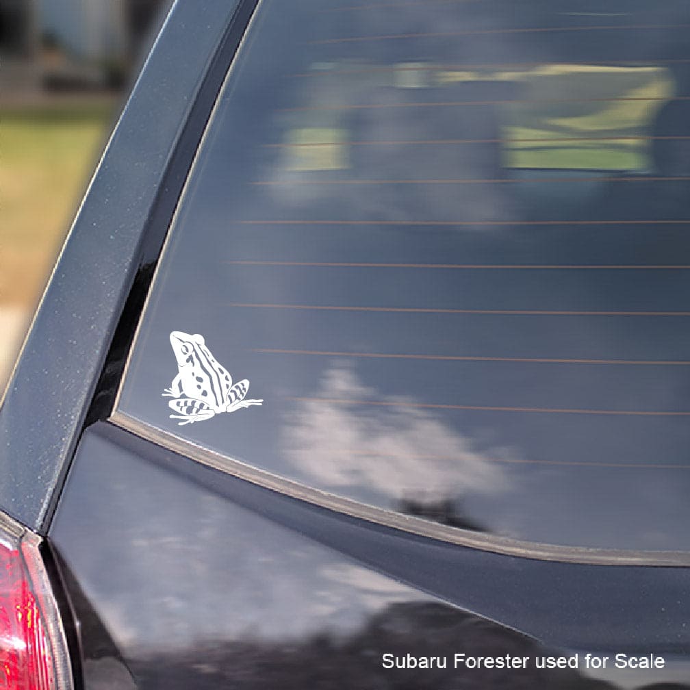 White common rain frog decal on a car window with 'Subaru Forester used for scale' text.