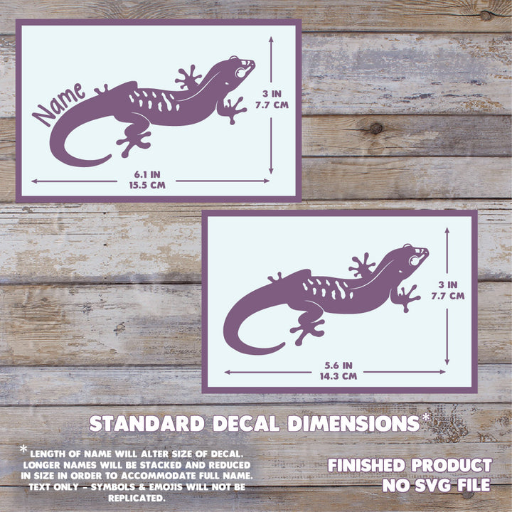 Measurements of the Giant Day Gecko decal. Wide in inches is 6.1 inches by 3 inches tall.