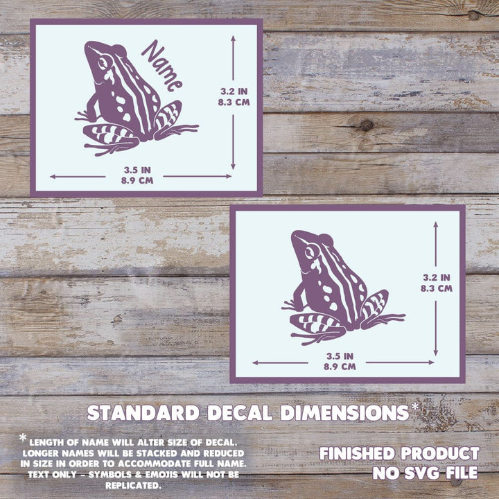 A photo showing 2 versions of the named and non-named decal dimensions. Both measure 3.2" tall by 3.5" wide. This is for a final product, no digital files are provided.