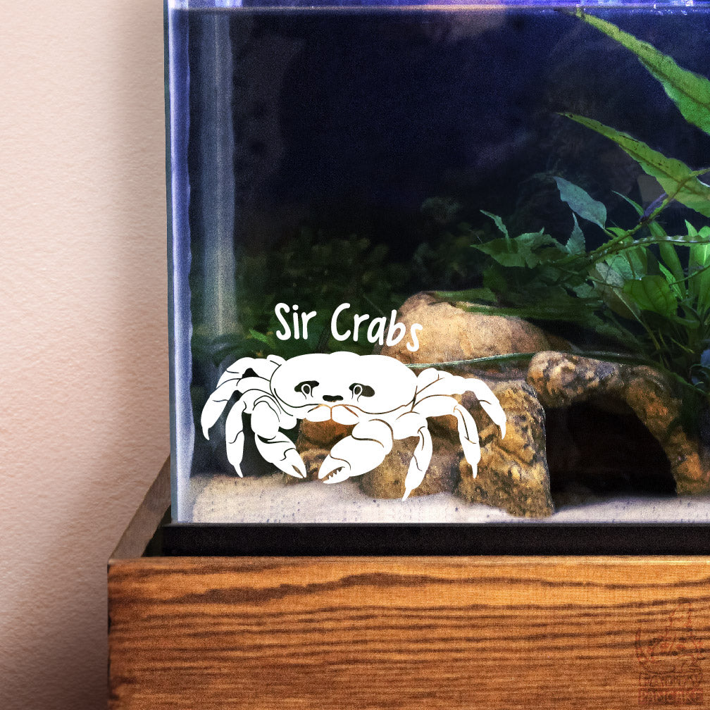Aquarium with a crab decal and 'Sir Crabs' text on a wooden surface.