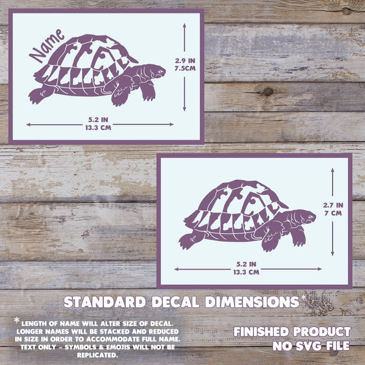 Hermann's Tortoise decal with dimensions on a wooden background. Dimensions are 2.9 inches tall by 5.2 inches wide.