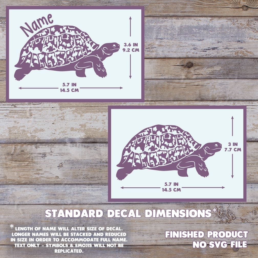 Two leopard tortoise decals with dimensions on a wooden background. Measurements are 2.6 inch tall by 5.7 inches wide.