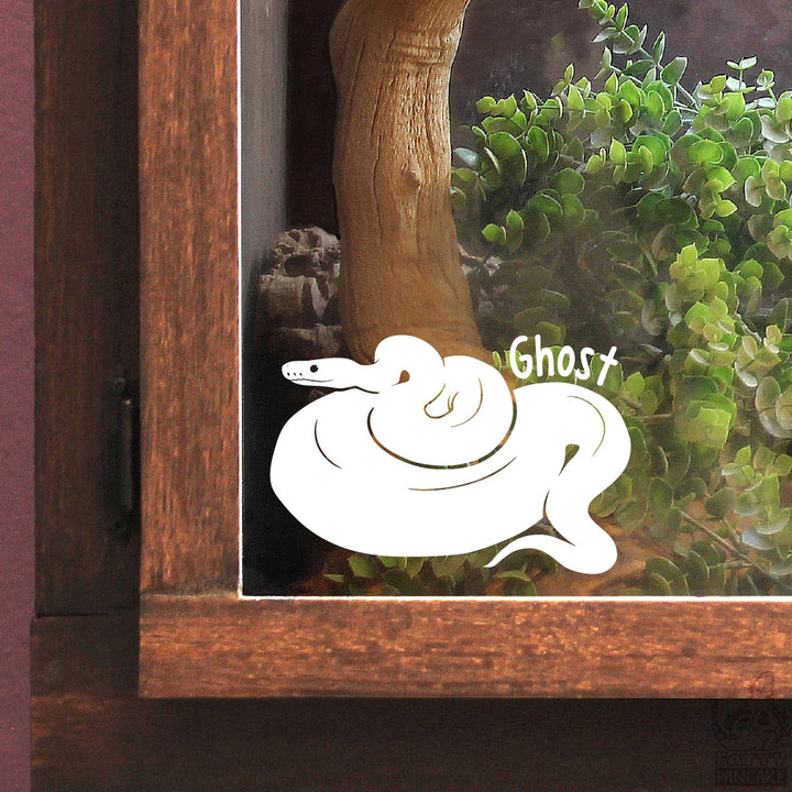 A white vinyl decal of a ball python with no pattern with the name &