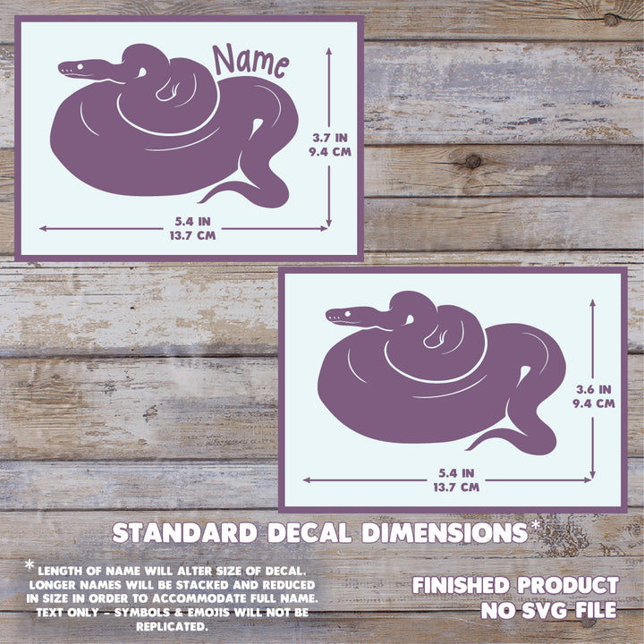 A product information graphic showing two Ball Python with no pattern decals with printed dimensions and text reading &