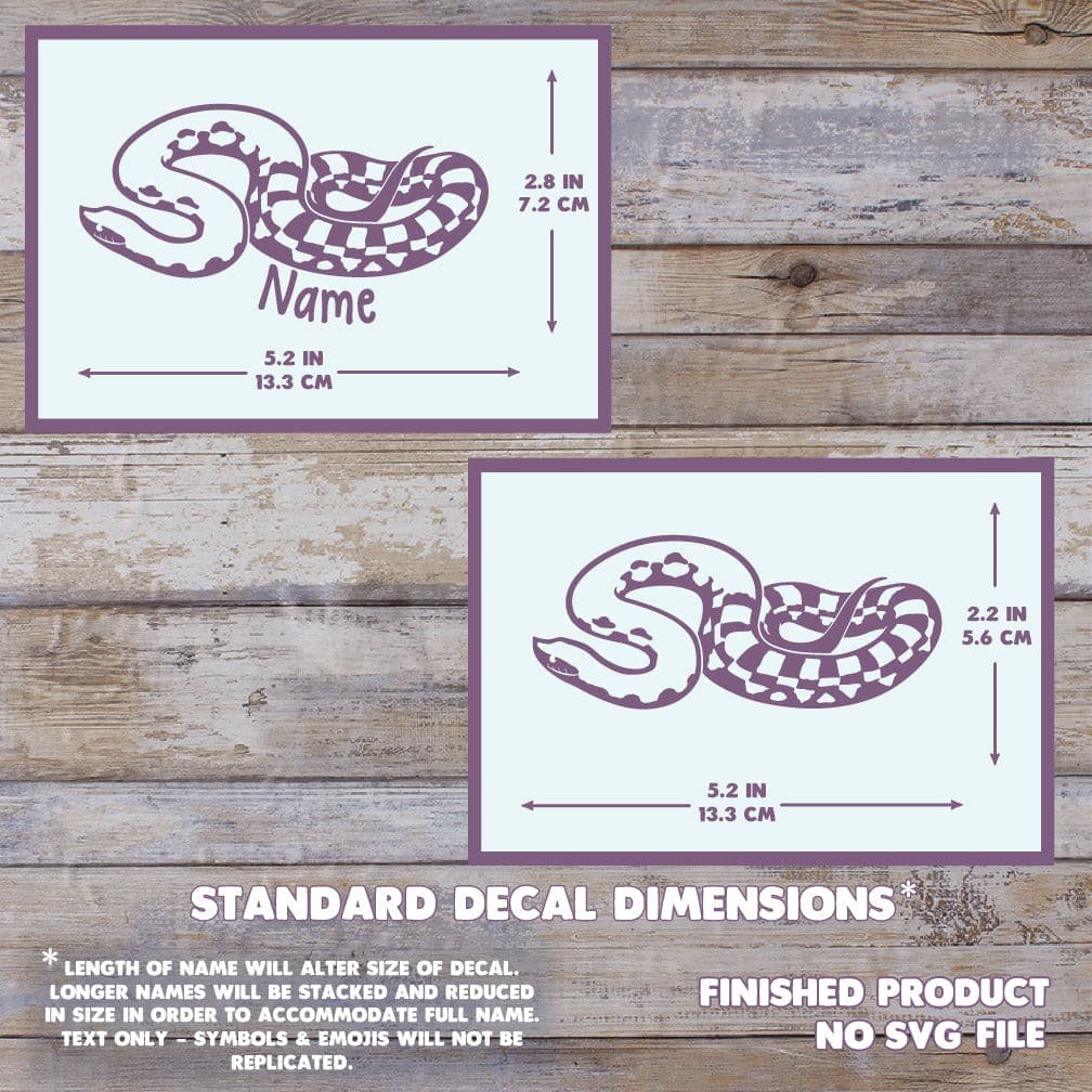 Two graphics of the Madagascar Giant Hognose showing the dimensions of the decals with and without a name. The measurements are 2.8 inches tall by 52 inches wide.
