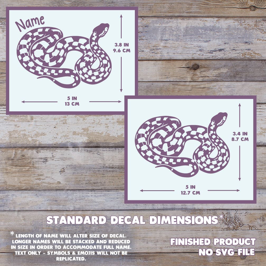 Two images showing the dimensions of the Madagascar Cat-eyed Snake Decal. With a name, it measures 3.8" Tall, by 5" Wide. Without a name, 3.4" Tall by 5" wide. The background has a wooden texture and this is a final product, no digital file is sold.