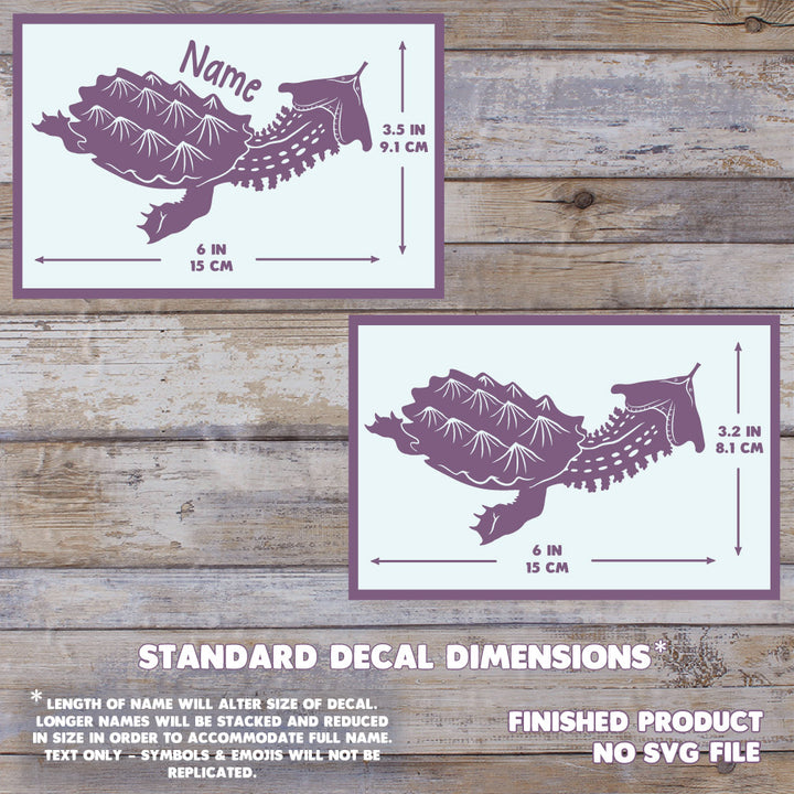 Two images showing the dimensions of the Mata Mata Turtle Decal. With a name, it measures 3.5" Tall, by 6" Wide. Without a name, 3.2" Tall by 6" wide. The background has a wooden texture and this is a final product, no digital file is sold.