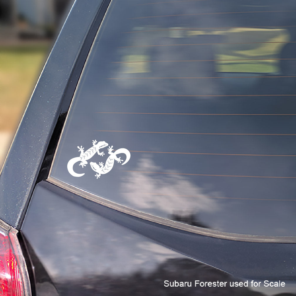 White Mourning Gecko decal on a dark-colored car window with 'Subaru Forester used for scale' text.