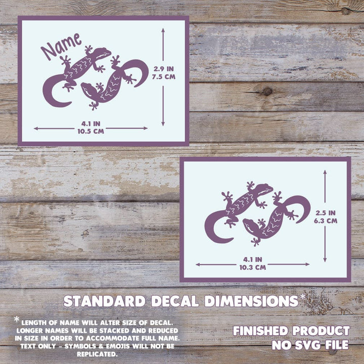 Two images showing the dimensions of the Mourning Geckos Decal. With a name, it measures 2.9" Tall, by 4.1" Wide. Without a name, 2.5" Tall by 4.1" wide. The background has a wooden texture and this is a final product, no digital file is sold.