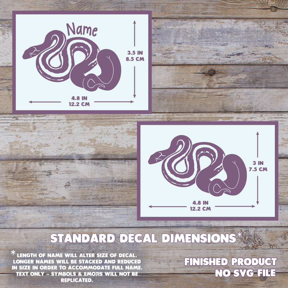 Two images showing the dimensions of the Radiated Rat Snake Decal. With a name, it measures 3.5" Tall, by 4.8" Wide. Without a name, 3" Tall by 4.8" wide. The background has a wooden texture and this is a final product, no digital file is sold.